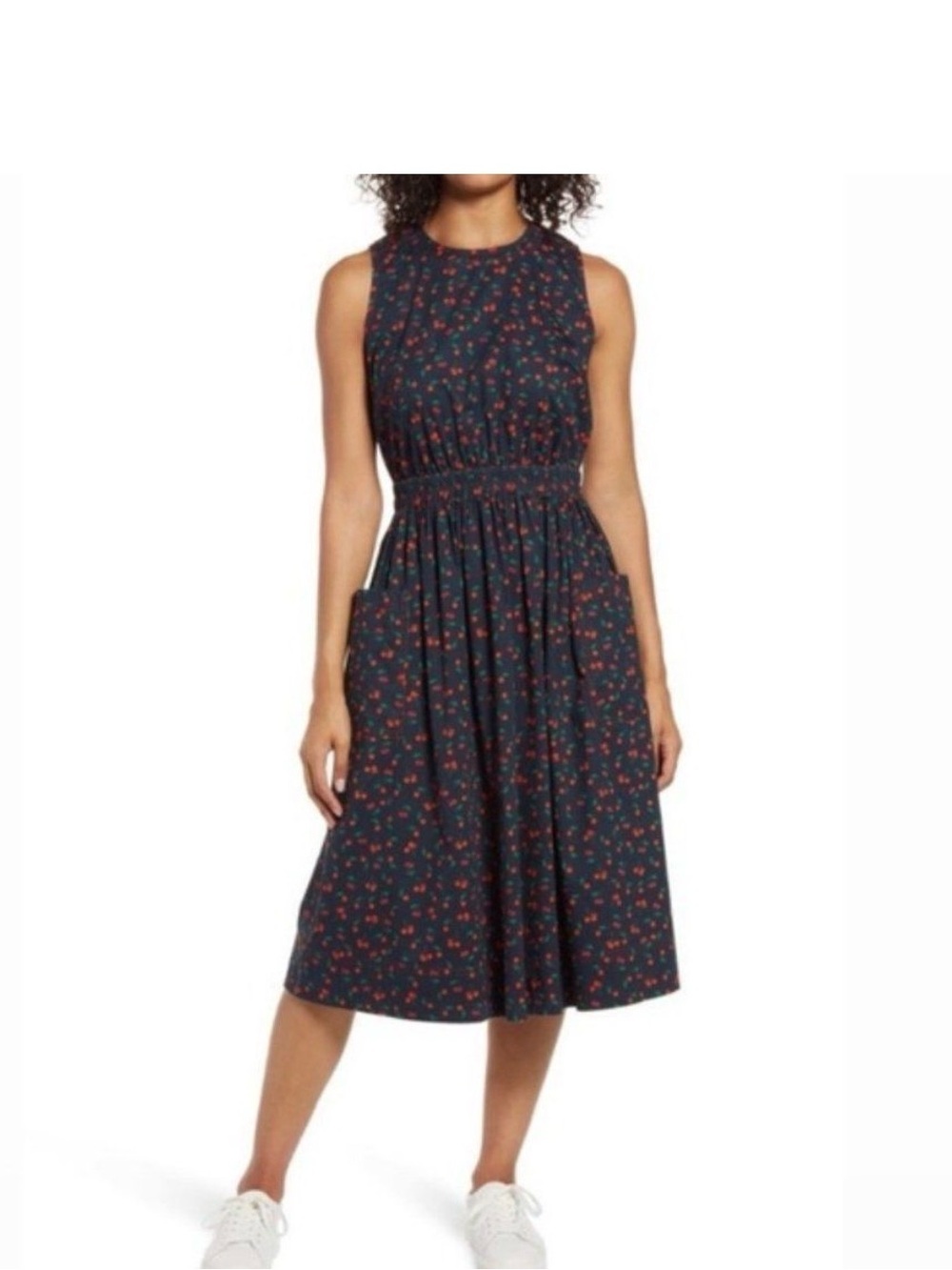 🍒1901 Sleeveless Navy Floral Midi Dress w Pockets, cherry print, like new, sz S